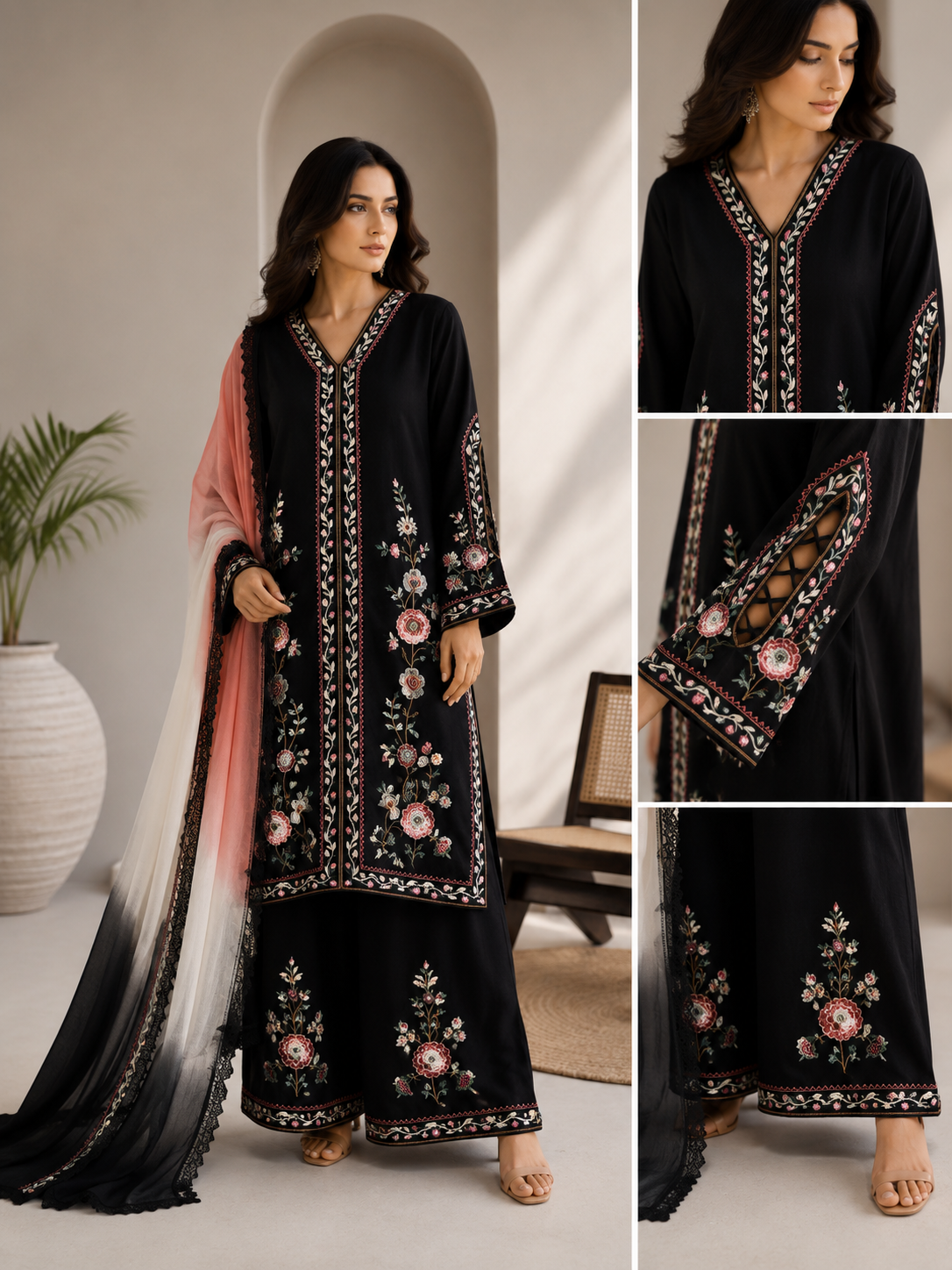 Noir Blossom Embroidered 3 Piece | B1923